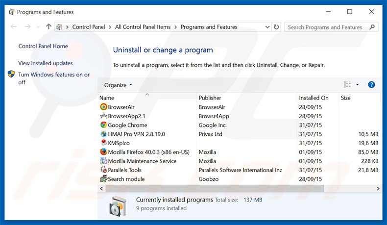 desinstalar el adware Internet browser del Panel de control