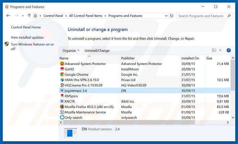 desinstalar el adware Jogotempo del Panel de control