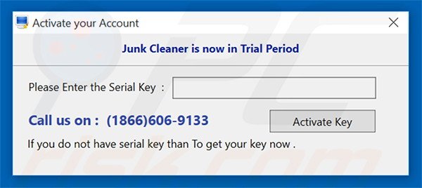 Junk Cleaner instando a los usuarios a que compren la clave de activación