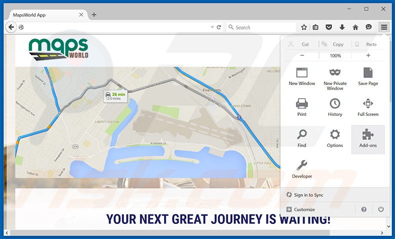 Eliminando los anuncios MapsWorld de Mozilla Firefox paso 1