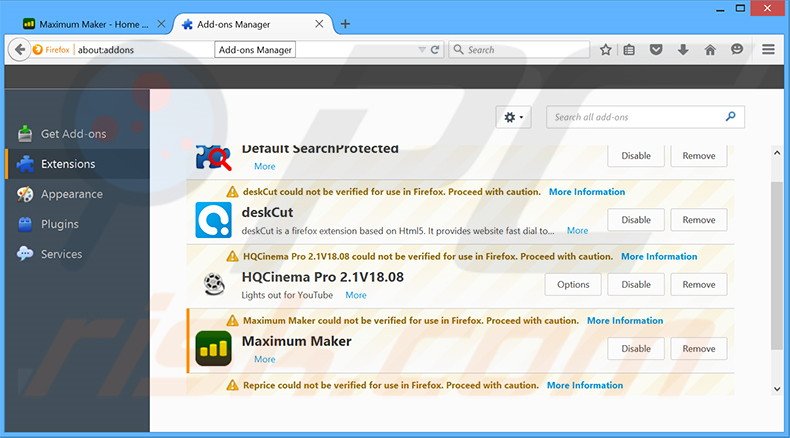 Eliminando los anuncios de Maximum Maker de Mozilla Firefox paso 2