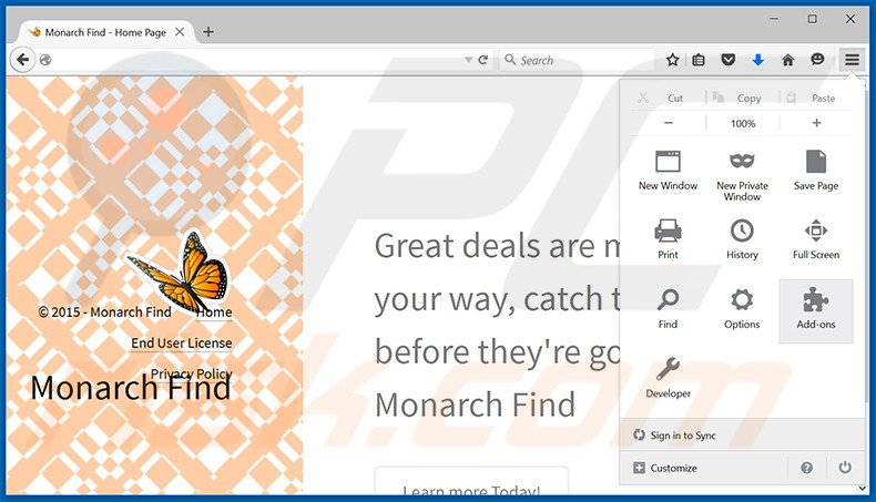 Eliminando los anuncios de Monarch Find de Mozilla Firefox paso 1