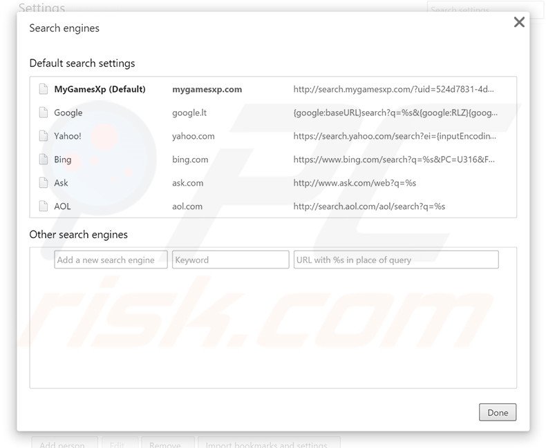 Eliminando search.mygamesxp.com del motor de búsqueda por defecto de Google Chrome