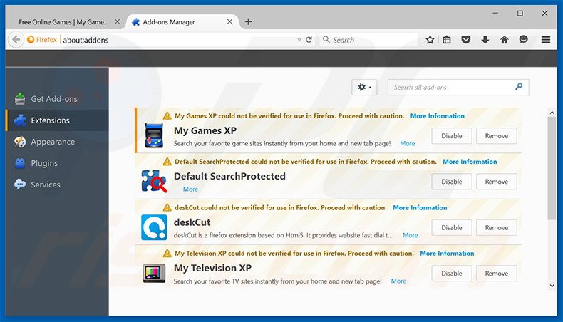 Eliminando search.mygamesxp.com de las extensiones de Mozilla Firefox