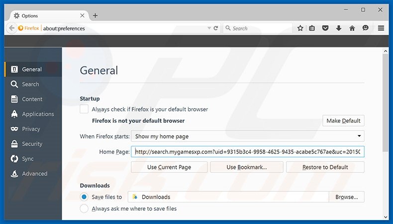 Eliminando search.mygamesxp.com de la página de inicio de Mozilla Firefox
