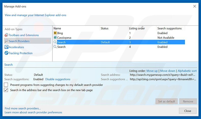 Eliminando search.mygamesxp.com del motor de búsqueda por defecto de Internet Explorer