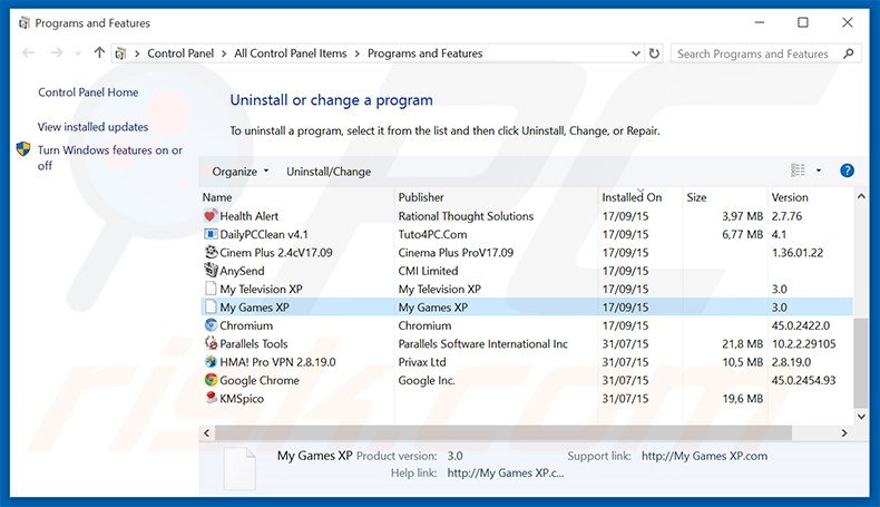 desinstalar el secuestrador de navegadores search.mygamesxp.com desde el Panel de control
