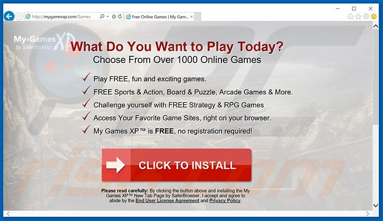 Sitio web destinado a promocionar el secuestrador de navegadores My Games XP