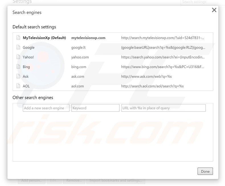 Eliminando search.mytelevisionxp.com del motor de búsqueda por defecto de Google Chrome