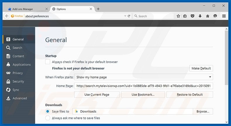 Eliminando search.mytelevisionxp.com de la página de inicio de Mozilla Firefox