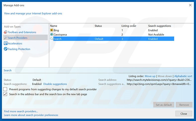 Eliminando search.mytelevisionxp.com del motor de búsqueda por defecto de Internet Explorer