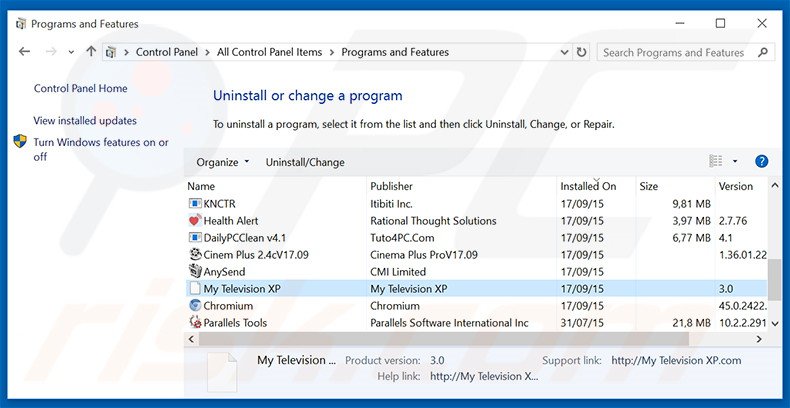 desinstalar el secuestrador de navegadores search.mytelevisionxp.com desde el Panel de control