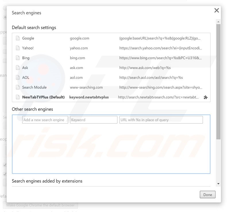 Eliminando search.newtabtvsearch.com del motor de búsqueda por defecto de Google Chrome