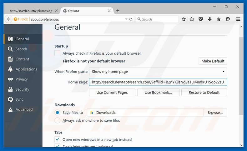 Eliminando search.newtabtvsearch.com de la página de inicio de Mozilla Firefox