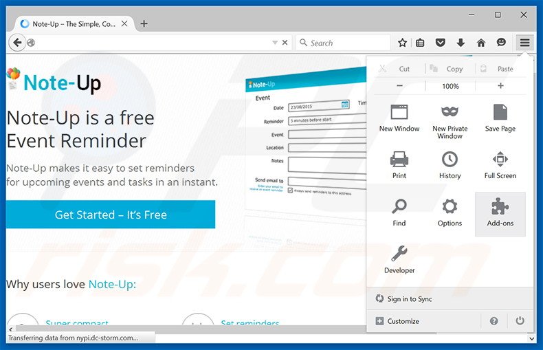 Eliminando los anuncios Note-up de Mozilla Firefox paso 1