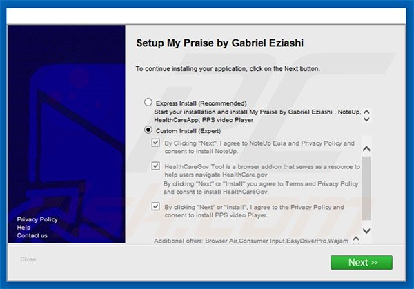 Instalador engañoso de programas que distribuye el software publicitario Note-up