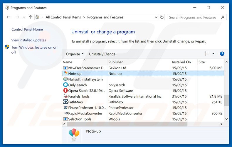 desinstalar el adware Note-up del Panel de control