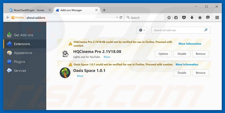 Eliminando los anuncios de NowUSeeIt Player de Mozilla Firefox paso 2