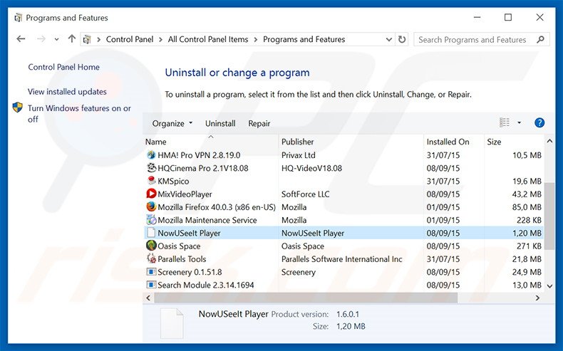 desinstalar el adware NowUSeeIt Player del Panel de control