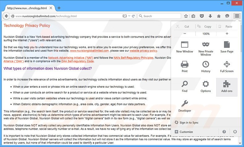 Eliminando los anuncios Nuvision Global Data Remarketer de Mozilla Firefox paso 1