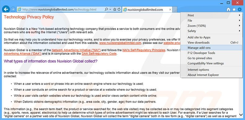 Eliminando los anuncios Nuvision Global Data Remarketer de Internet Explorer paso 1