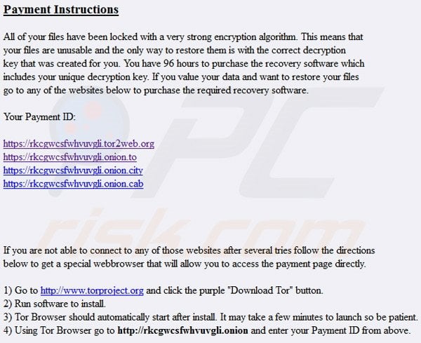 Instrucciones de pago en el virus criptográfico ORX-Locker