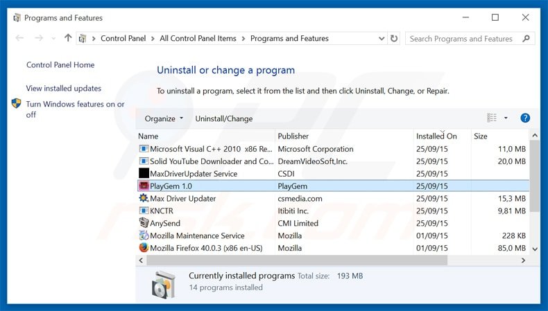 desinstalar el adware playgem del Panel de control