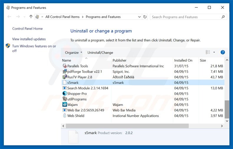 desinstalar el adware s5mark del Panel de control