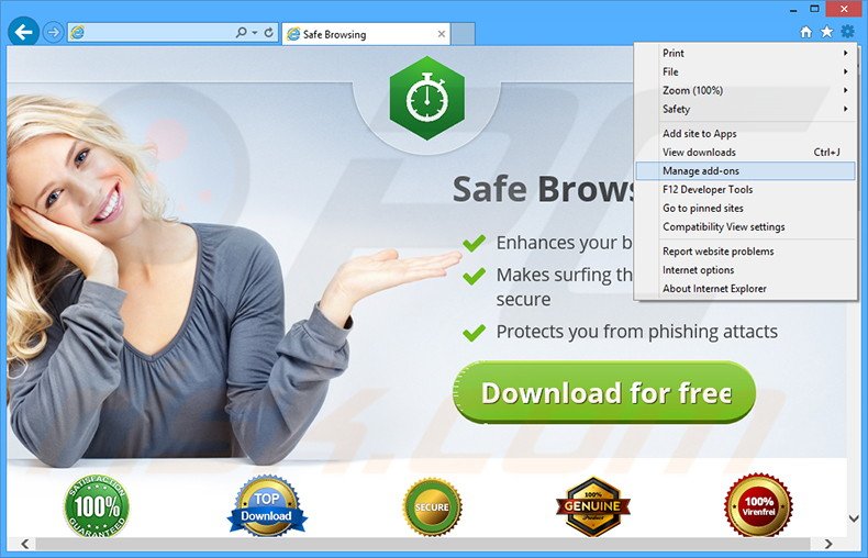 Eliminando los anuncios de Safe Browsing de Internet Explorer paso 1