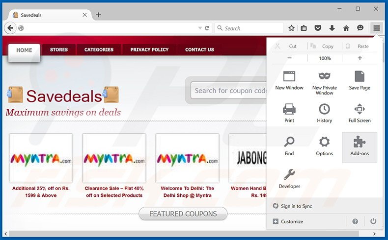 Eliminando los anuncios SaveDeals de Mozilla Firefox paso 1