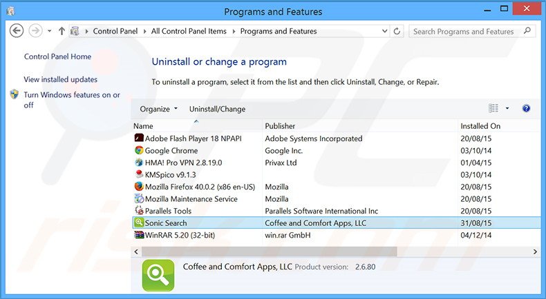 desinstalar el adware Sonic Search del Panel de control