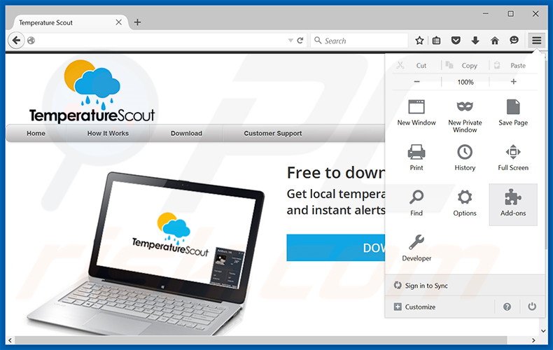 cómo eliminar los anuncios de Temperature Scout de Mozilla Firefox paso 1