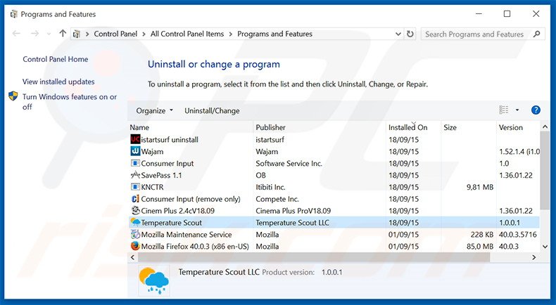 desinstalar el Temperature Scout del Panel de control