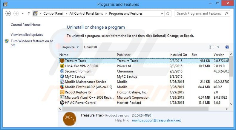 desinstalar el software publicitario treasure track del Panel de control