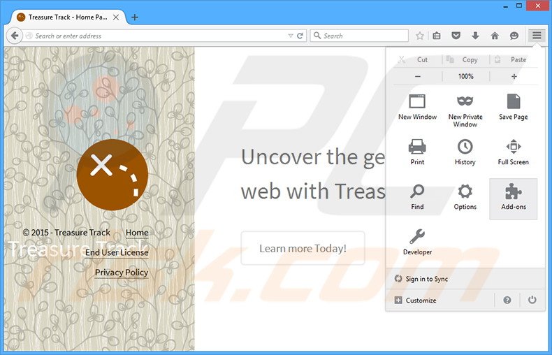Eliminando los anuncios de Treasure Track de Mozilla Firefox paso 1