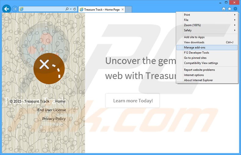 Eliminando los anuncios de Treasure Track de Internet Explorer paso 1