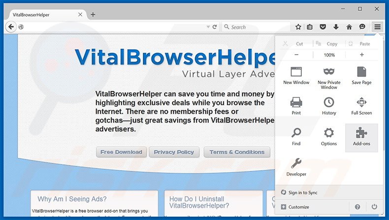 Eliminando los anuncios de Vital Browser Helper de Mozilla Firefox paso 1