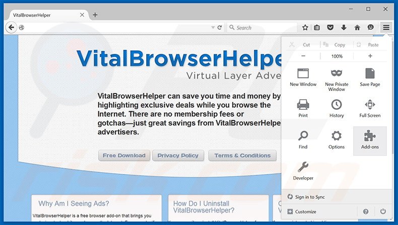 Eliminando los anuncios de Vital Browser Helper de Mozilla Firefox paso 1