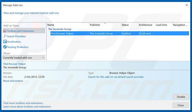 Eliminando los anuncios de Vital Browser Helper de Internet Explorer paso 2