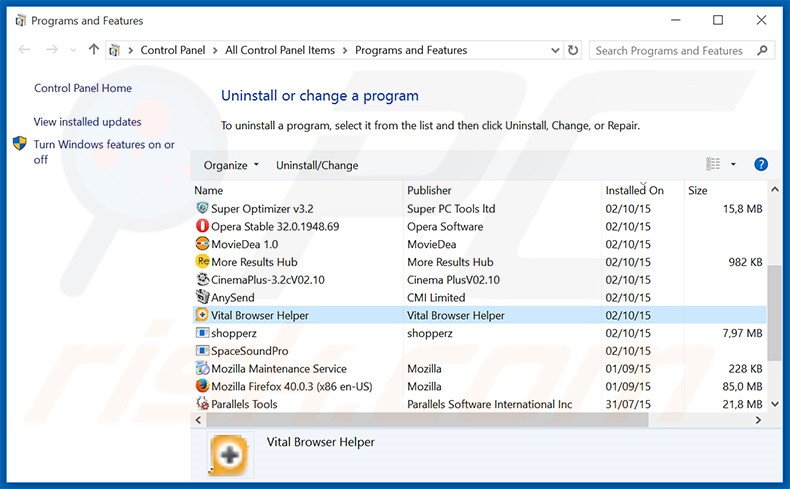 desinstalar el adware Vital Browser Helper del Panel de control