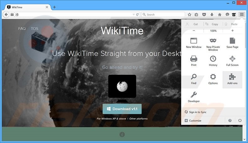 Eliminando los anuncios WikiTime de Mozilla Firefox paso 1