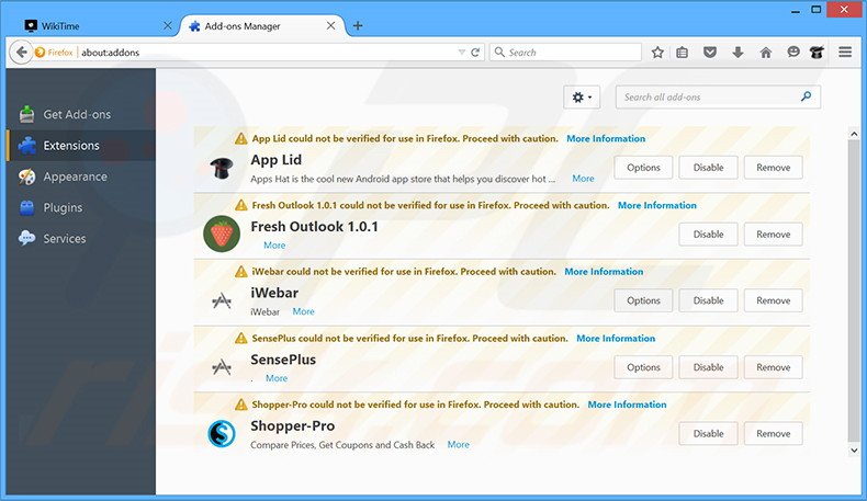 Eliminando los anuncios WikiTime de Mozilla Firefox paso 2