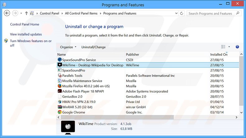 desinstalar el adware WikiTime del Panel de control