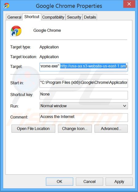 Eliminar www-search.info del destino del acceso directo de Google Chrome paso 2