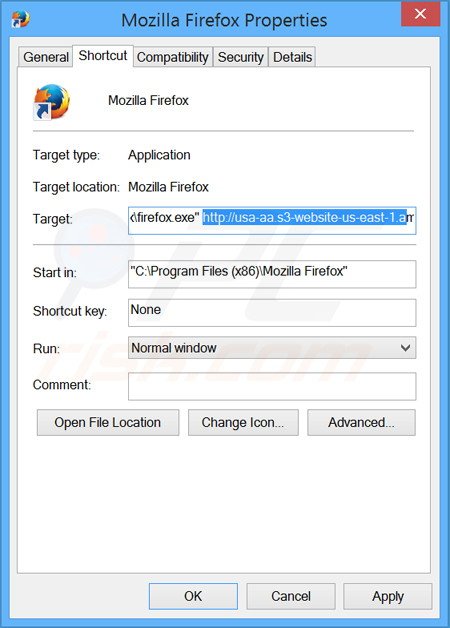 Eliminar www-search.info del destino del acceso directo de Mozilla Firefox paso 2