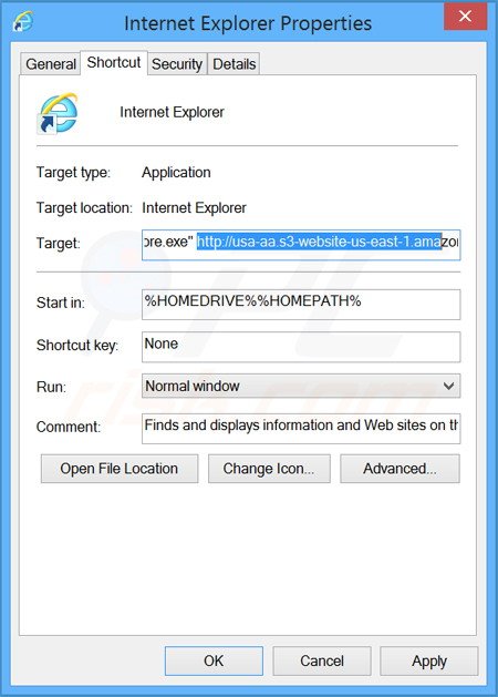 Eliminar www-search.info del destino del acceso directo de Internet Explorer paso 2