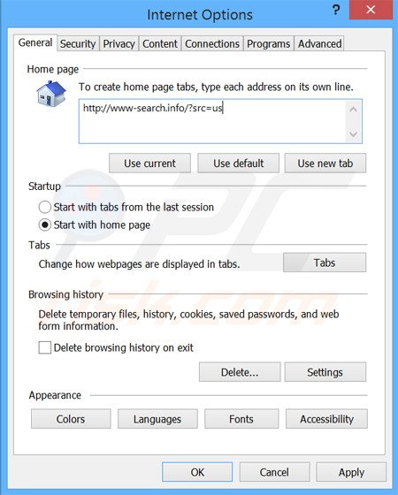 Eliminando www-search.info de la página de inicio de Internet Explorer