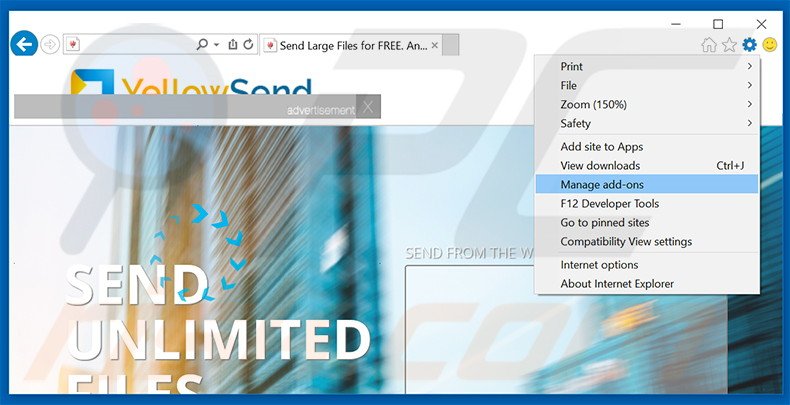 Eliminando los anuncios de YellowSend de Internet Explorer paso 1