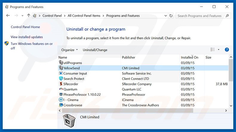 desinstalar el adware YellowSend del Panel de control