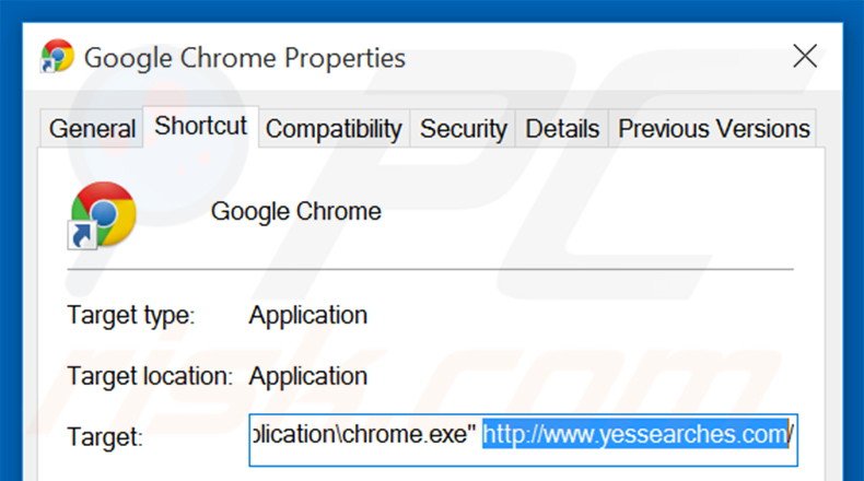 Eliminar yessearches.com del destino del acceso directo de Google Chrome paso 2
